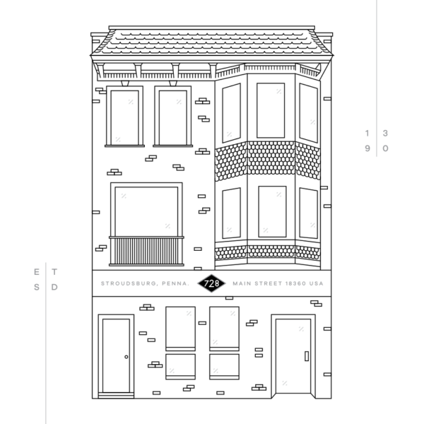 Line illustration of the 728 Main Street building